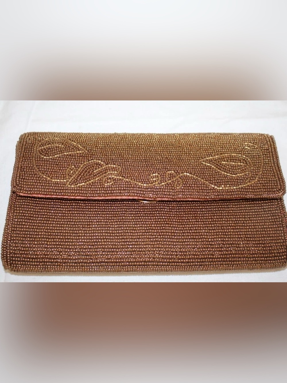 Vintage Handmade Copper/Bronze Beaded WALBORG "Leaves" Clutch Purse